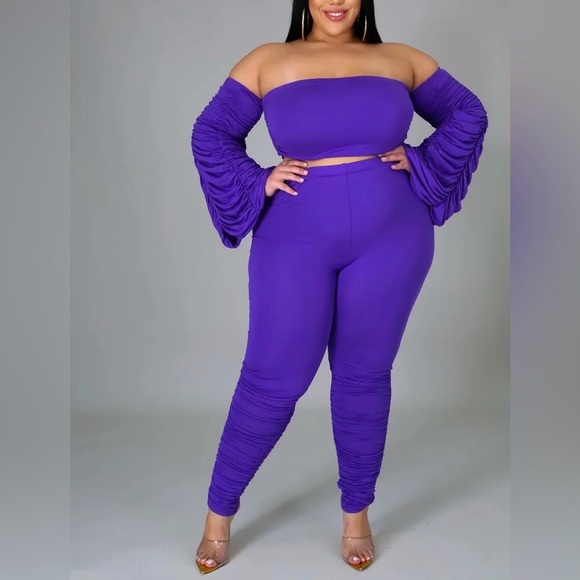 Pants - Elle Purple Off Shoulder Ruched Sleeve & Pant Set 💜
